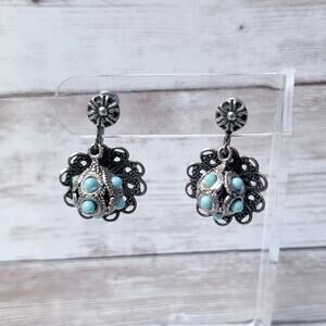 Vintage Screw Back Earrings Dark Silver Tone & Turquoise Tone Dangle